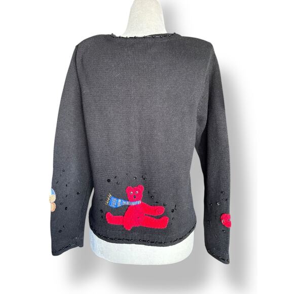 Vintage Susan Bristol Teddy Bear Applique Black Knit Cardigan Sweater Petite - Picture 4 of 13